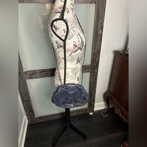 Blue and gold leather crossbody bag